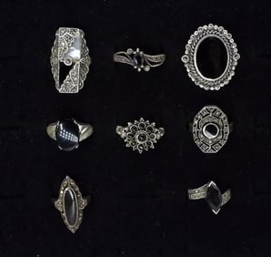 (8) STERLING FASHION ONYX RINGS