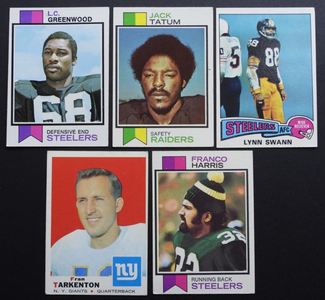(5) FOOTBALL STAR CARDS - TARKENTON,: L.C. GREENWOOD, FRANCO HARRIS, LYNNY SWANN ROOKIE, JACK TATUM ROOKIE - NICE EX