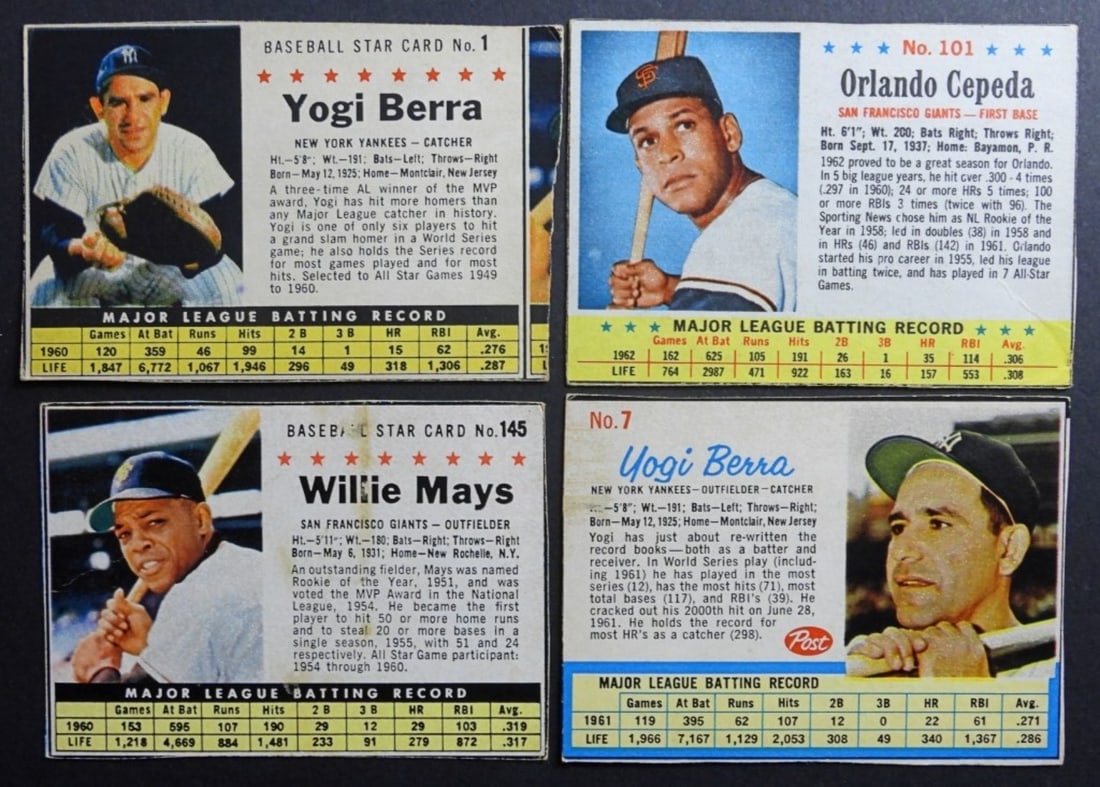 (4) POST BASEBALL STAR CARDS 1960-1962 (1 of 2)