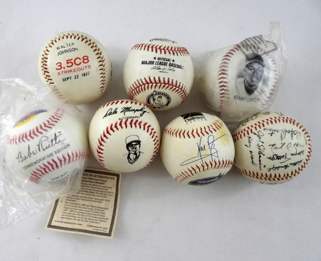 (7) FACSIMILE / TRIBUTE BASEBALL LOT: PRINTED SIGNATURES - VARIOUS BASEBALL & TRIBUTE BASEBALLS - (1) BABE RUTH