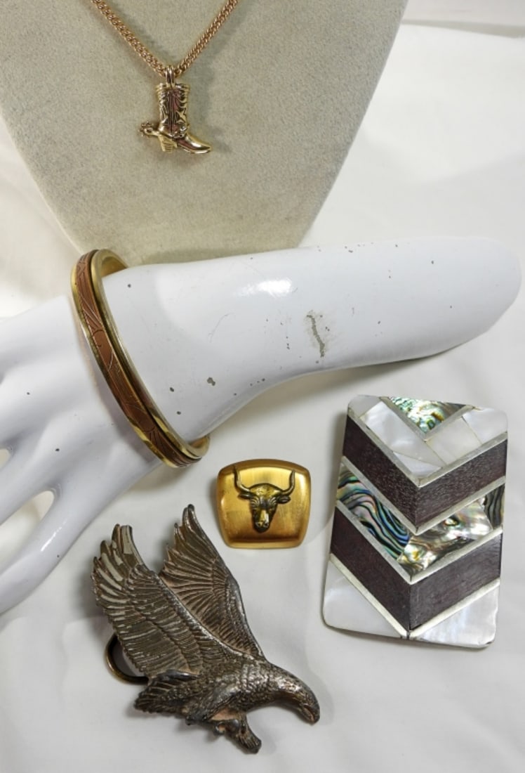 (5) pc MEN'S SOUTHWEST JEWELRY LOT: BELT BUCKLES, BOLO SLIDE & COWBOY BOOT NECKLACE