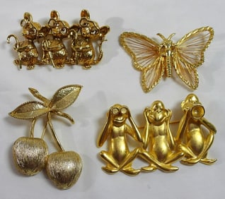 (4) GOLD TONE FASHION PINS - SEE NO EVIL