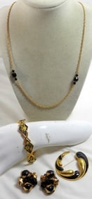 TRIFARI BLACK/GOLD PIN, ETECHED BRACELET