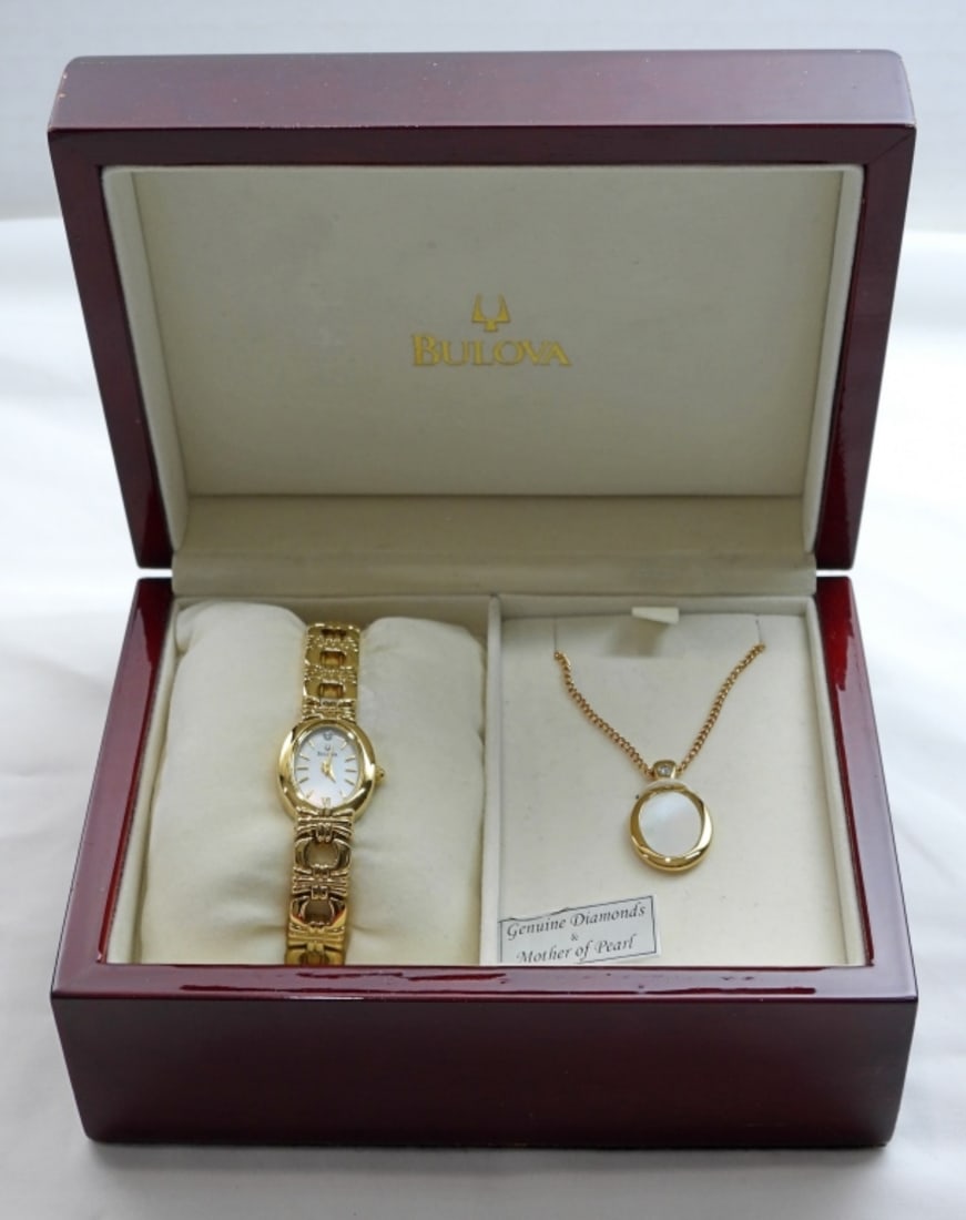GENUINE DIAMONDS & MOTHER OF PEARL LOT: BULOVA WATCH & NECKLACE SET in ORIGINAL BOX shows some wear - WATCH UNTESTED