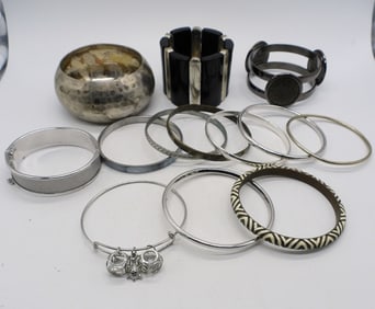 13 SILVER TONE BRACELETS - BANGLES