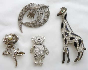 4 SILVER TONE SPARKLY PINS