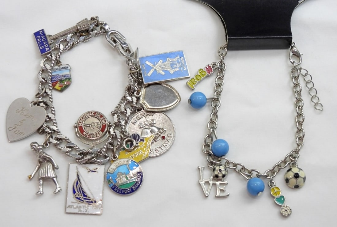 2 COLORFUL CHARM BRACELETS: COLORFUL PENDANT BRACELET AND 1 CHAIN STYLE LOCKET BRACELET