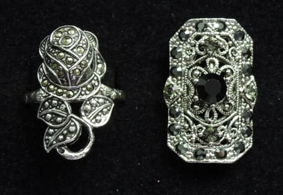 2 BLACK/SILVER TONE MARCASITE RINGS
