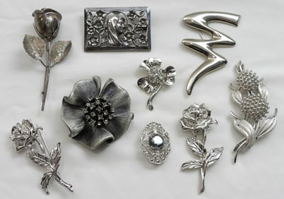 (9) BEAUTIFUL SILVER TONE FASHION PINS
