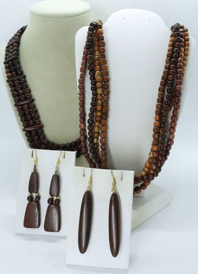 WOODEN VTG NECKLACES & EARRINGS: TWO WOODEN BEADED NECKLACES, 20" & 26". TWO PAIR OF PIERCED WOODEN EARRINGS.