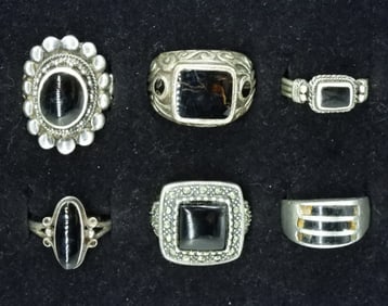 (6) BLACK ONYX STERLING RINGS