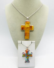 (2) CROSS 925 NECKLACES - AMBER RESIN