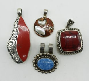 (4) STERLING PENDANTS - CORAL, SODALITE +