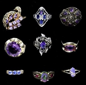 (9) STERLING AMETHYST & PURPLE RINGS