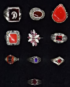 (10) 925 RINGS WITH VARIOUS RED GEMS