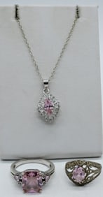 PINK CZ STERLING RINGS & NECKLACE
