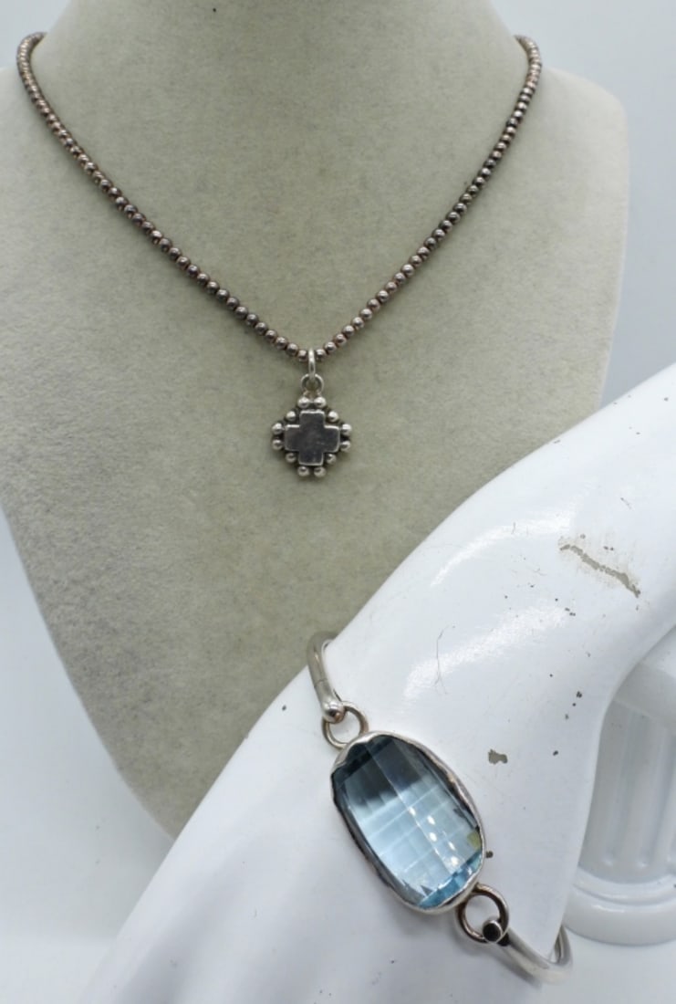 MEXICO & TAXCO BRACELET / NECKLACE 925: STERLING TAXCO NECKLACE, 16" (TV-91 925 MEXICO). STERLING MEXICO BLUE TOPAZ BRACELET. 8". (24 DWT)