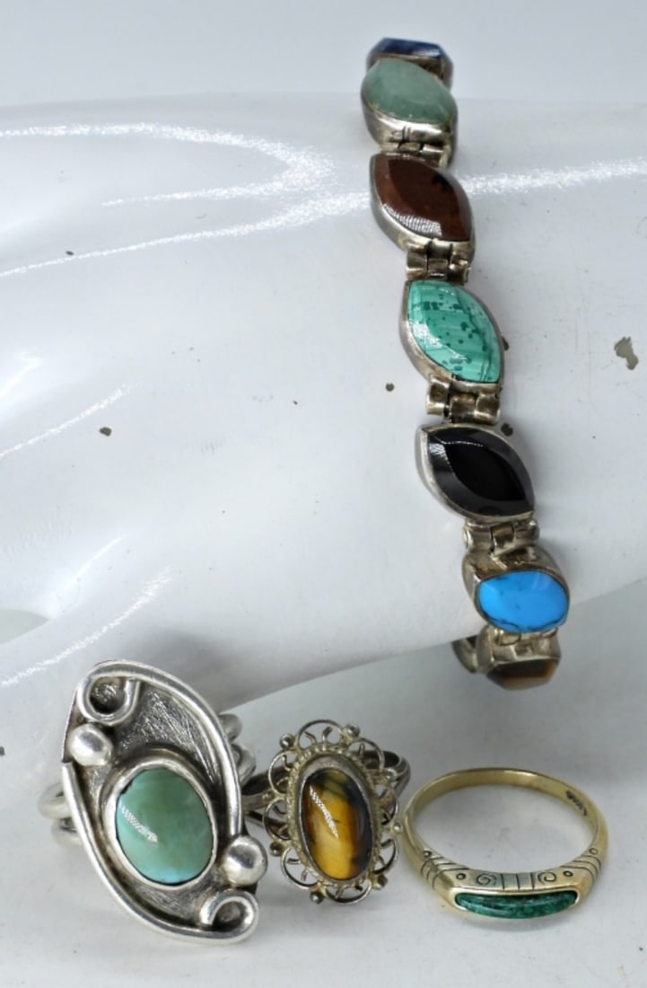 VTG STERLING TAXCO GEM BRACELET & RINGS (1 of 2)