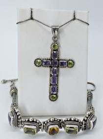 AMETHYST, PERIDOT 925 CROSS BRACELET SET
