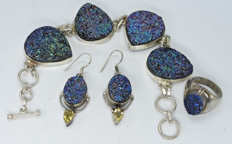 STERLING DRUZY RING, BRACELET, EARRINGS