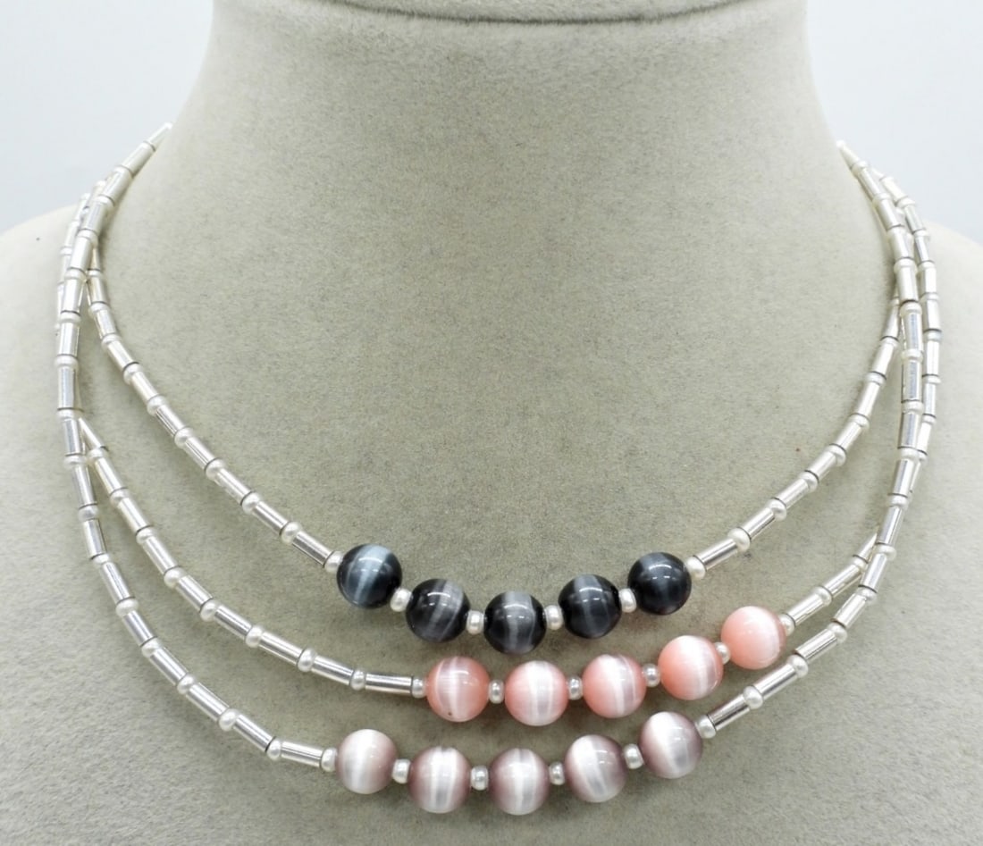 (3) CATS EYE, STERLING BEAD NECKLACES (1 of 1)