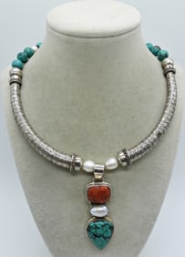 STERLING TURQUOISE PEARL NECKLACE