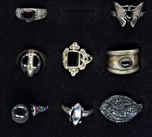 (8) STERLING BLACK GEM / MARCASITE RINGS