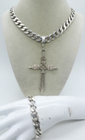 HUGE STERLING CHAIN, CROSS & BRACELET