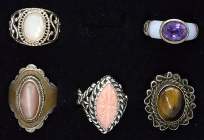 5 STERLING RINGS - MOP, TIGERS EYE +