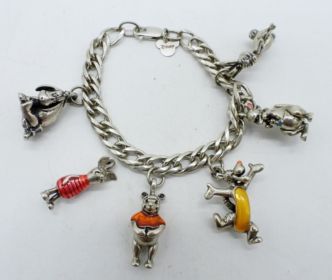 VTG 925 LE WINNIE THE POOH CHARM BRACELET: CHARM BRACELET, WINNIE THE POOH CHARACTERS IN STERLING & ENAMEL. PIGLET NEEDS TO BE REATTACHED. LIMITED EDITION. 7", HEAVY. SEE PHOTOS!! (44 DWT)