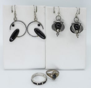 BLACK ONYX STERLING EARRINGS & RINGS