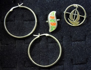 STERLING SAIL BOAT PIN, HOOP EARRINGS +