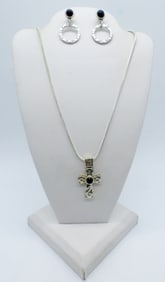 BLACK ONYX STERLING CROSS & EARRINGS