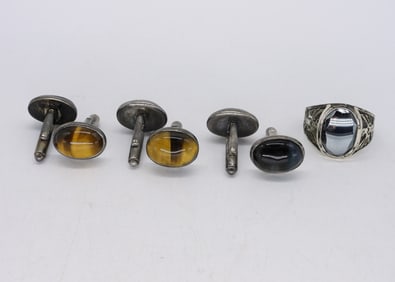 TIGERS EYE CUFFLINKS & BLK ONYX RING