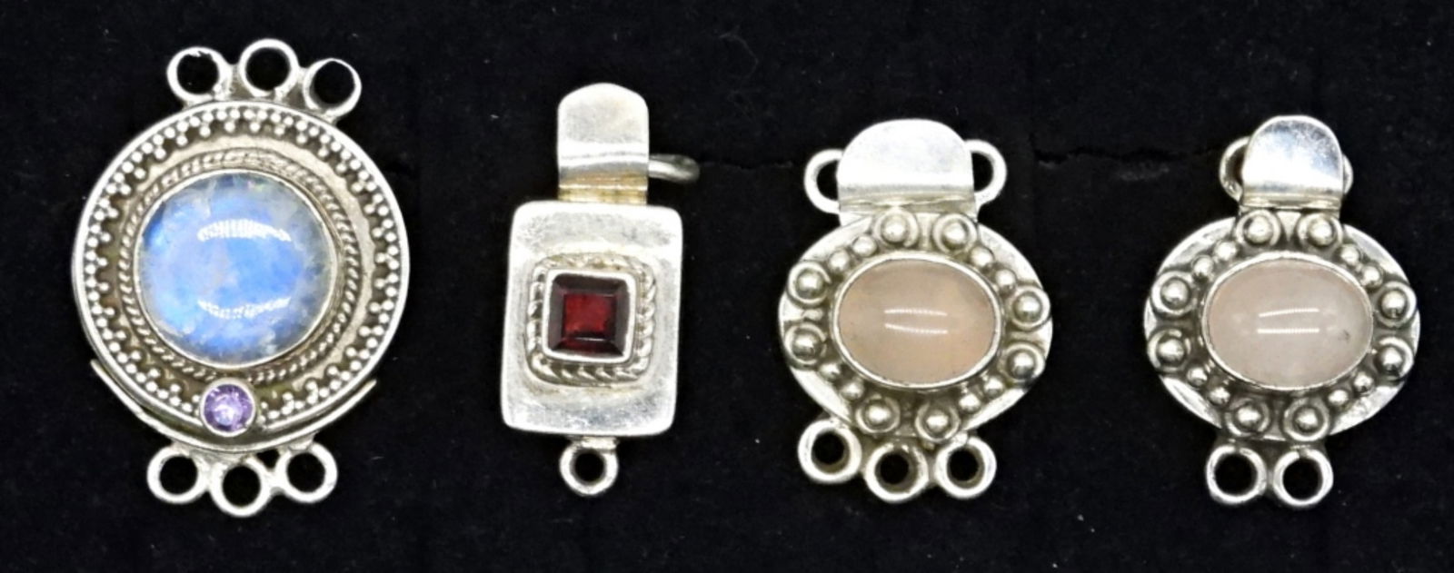 STERLING CLASPS - MOONSTONE & MORE: FOUR STERLING CLASPS FOR JEWELRY MAKING. MOONSTONE, GARNET, ROSE QUARTZ. (19.2 DWT)
