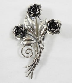 VINTAGE ROSE STERLING BROOCH