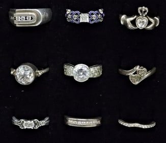 (9) STERLING SIMULATED DIAMOND RINGS
