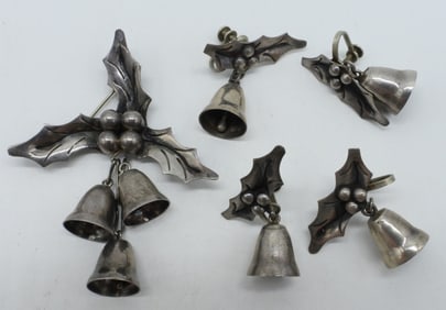 TAXCO HOLLY BERRY BELL PIN & EARRINGS 925