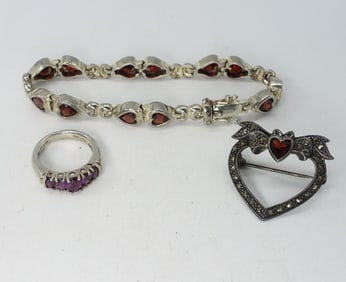 GARNET STERLING BRACELET, RING, PIN