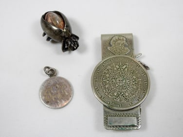 3 STERLING MEXICO STAMPED PENDANTS, 1 MONEY CLIP