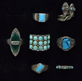 (7) VTG STERLING TURQ/GRN ONYX RINGS