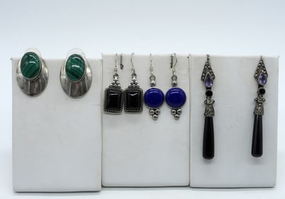 (4) STERLING EARRINGS. MALACHITE / ONYX