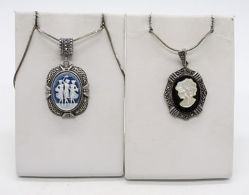 (2) STERLING MARCASITE CAMEO NECKLACES