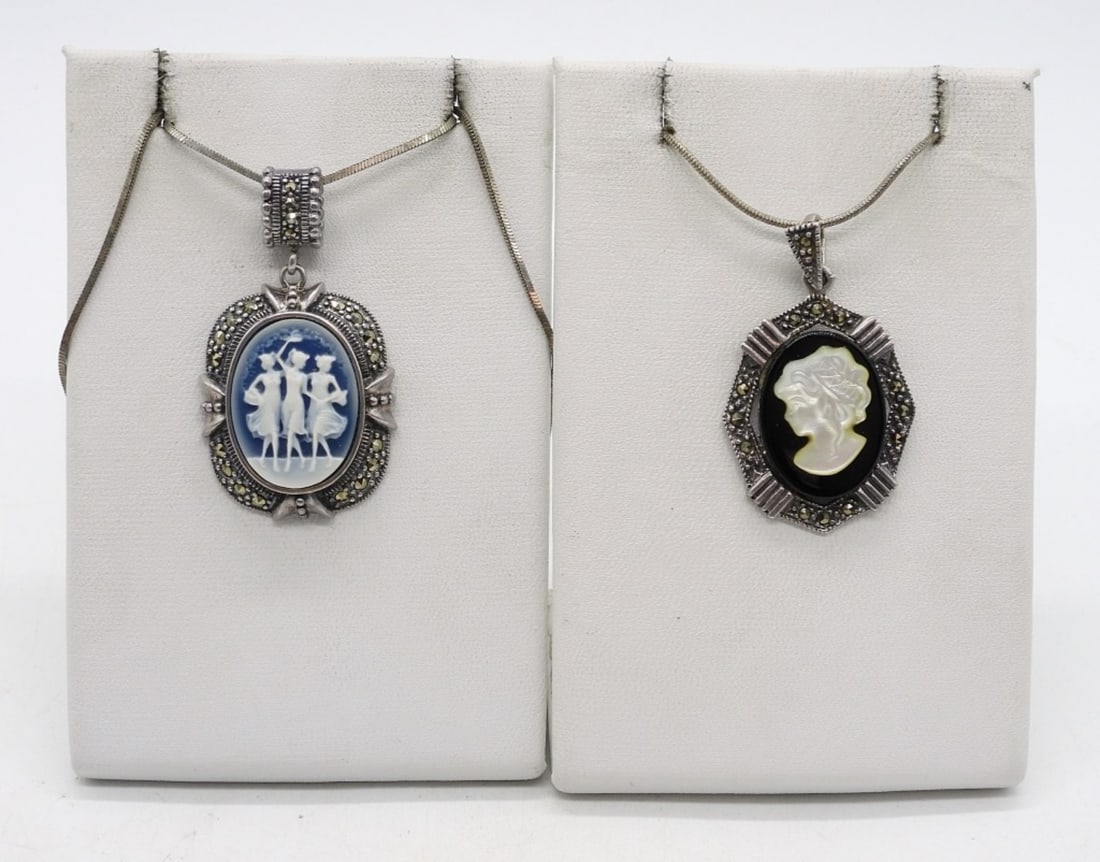 (2) STERLING MARCASITE CAMEO NECKLACES: TWO STERLING CAMEO NECKLACES, MARCASITE. 20" & 22" CHAINS. (14.9 DWT)