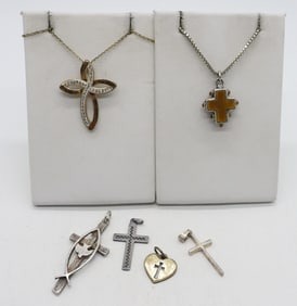 (6) STERLING CROSS PENDANTS & CHAINS