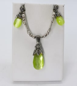 GREEN CATS EYE 925 NECKLACE EARRING SET