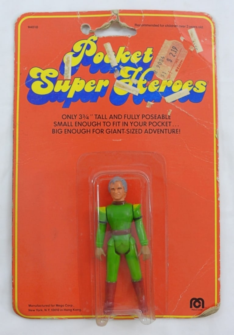 79' MEGO POCKET SUPER HEROES JOR-EL: JOR-EL SUPERMAN FATHER, SEALED IN PACKAGE WITH NORMAL WEAR FROM THE YEARS ON THE PACKAGE, FROM MEGO CORP. ONLY 3 3/4 TALL AND FULLY POSEABLE
