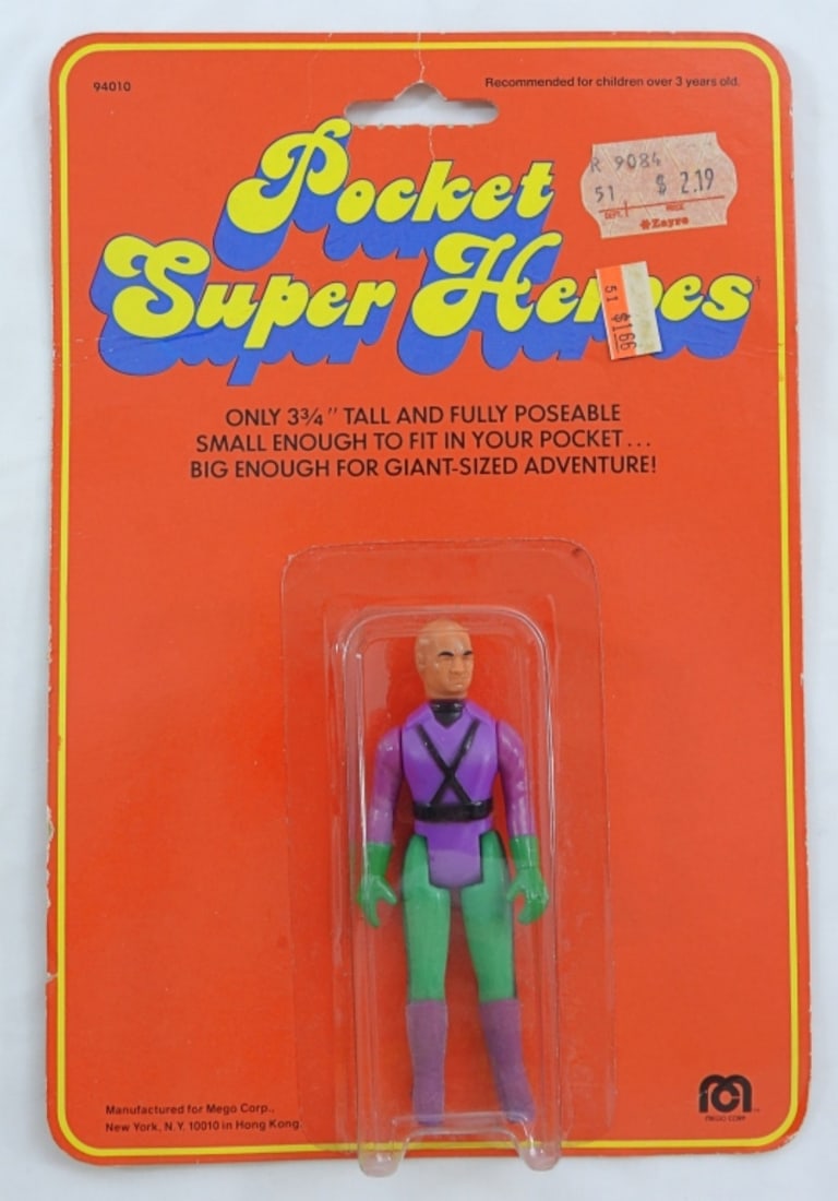 79' MEGO POCKET SUPER HEROES LEX LUTHOR: LEX LUTHOR SUPERMAN VILLAIN, SEALED IN PACKAGE, NORMAL WEAR FROM THE YEARS, ONLY 3 3/4 TALL AND FULLY POSEABLE