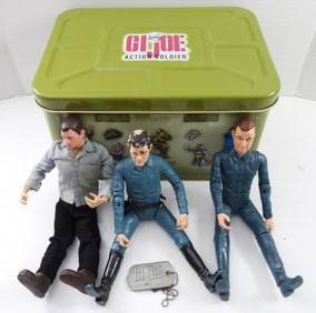 VINTAGE COLLECTABLE GI JOE TIN & 3 FIGURES