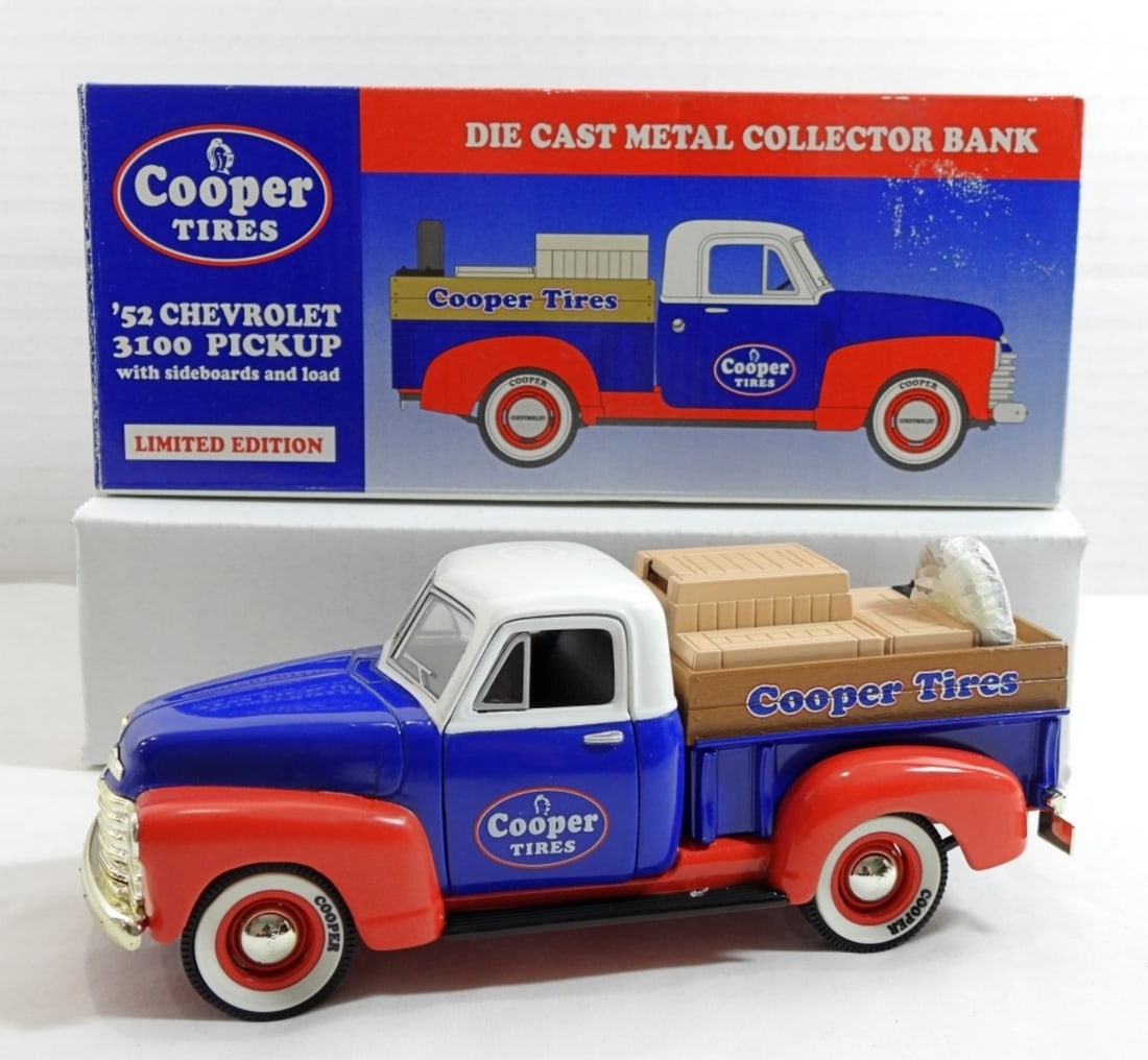 COOPER TIRES 52 CHEVY 3100 PICKUP BANK: STOCK #23006, STILL IN ORIGINAL BOX. TIRE IS STILL WRAPPED UP, 52 CHEVROLET 3100 PICKUP WITH SIDEBOARDS AND LOAD LIMITED EDITION DIE CAST METAL COLLECTOR BANK, KEY IS STILL ATTCHED UNDER TRUCK